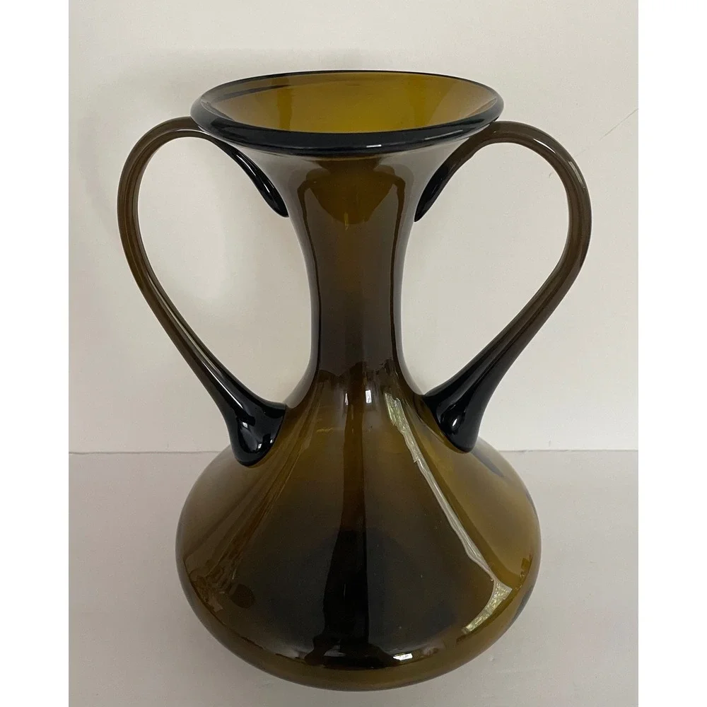 Vtg Mid Century Modern Empoli Glass Double Handle Hand Blown Olive‎ Brown 10.5